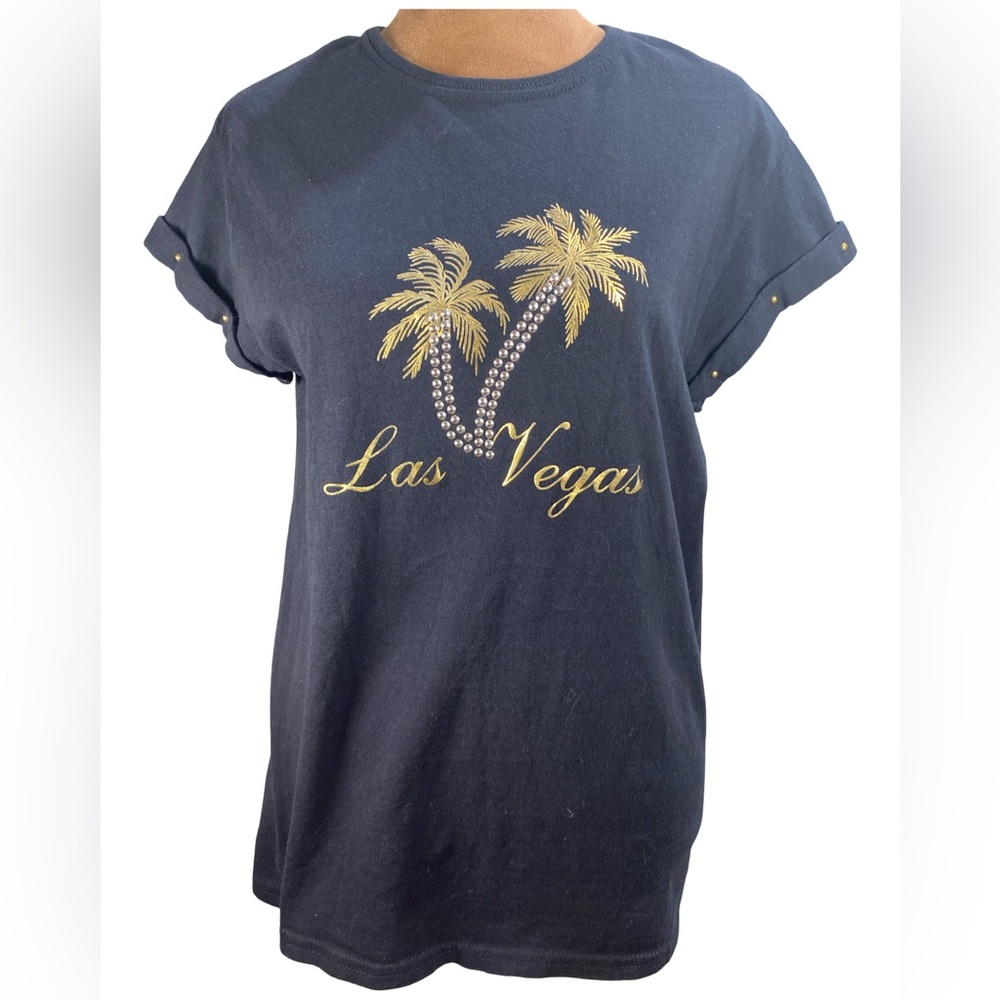 Embellished Las Vegas Black T-Shirt with Gold Design| Size Small Casual‎ Travel